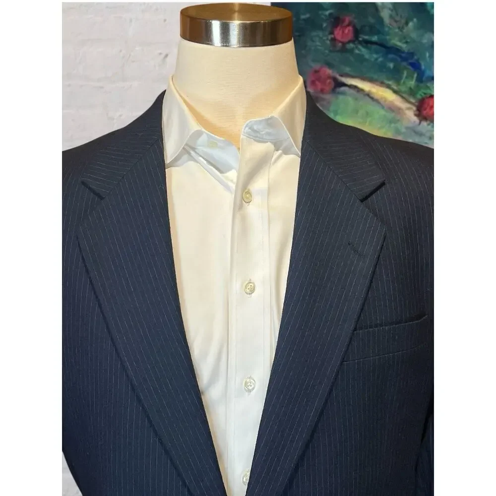 Vtg Yves Saint Laurent France 40L Navy Blue Tonal Stripe Flannel Blazer